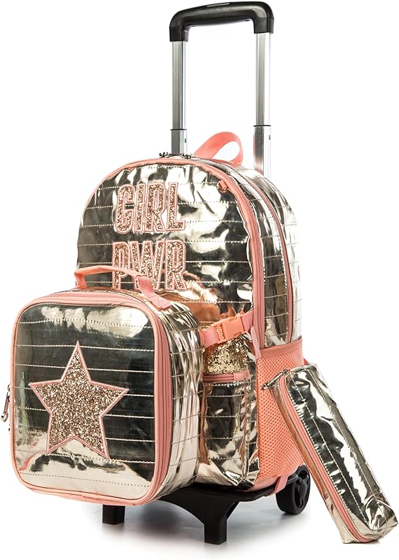 Mochilas de Rodinhas Infantis CUTBLAJAT para Meninas – Kit de 3 peças com Lancheira e Estojo – Estrelas de Glitter Dourado – Bolsa Feminina com Carrinho
