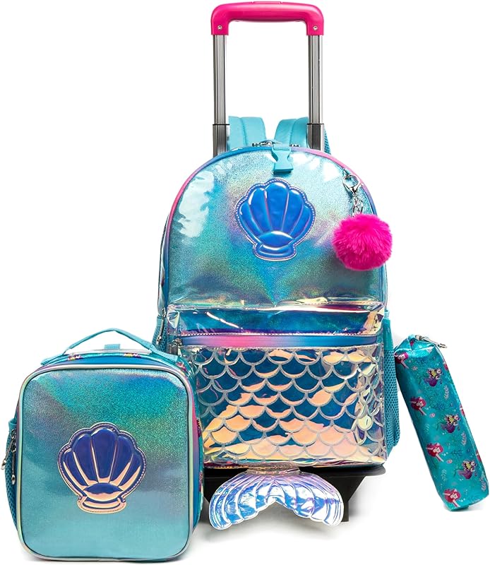 Mochilas de Rodinhas Infantis CUTBLAJAT – Conjunto de 3 peças com lancheira e estojo – Estilo cauda de sereia azul com estampa de conchas