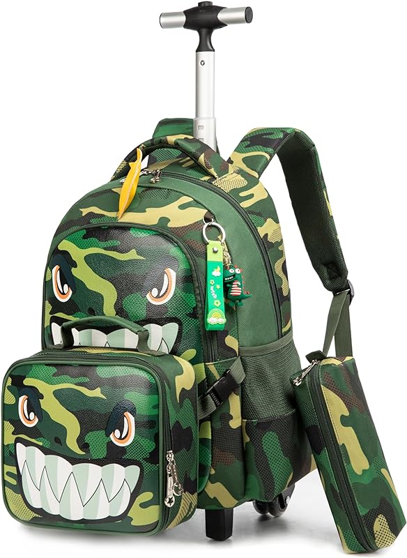 Mochilas de Rodinhas Infantis CUTBLAJAT – Kit de 3 peças com lancheira e estojo – Design de camuflagem verde e dinossauro – Para meninos