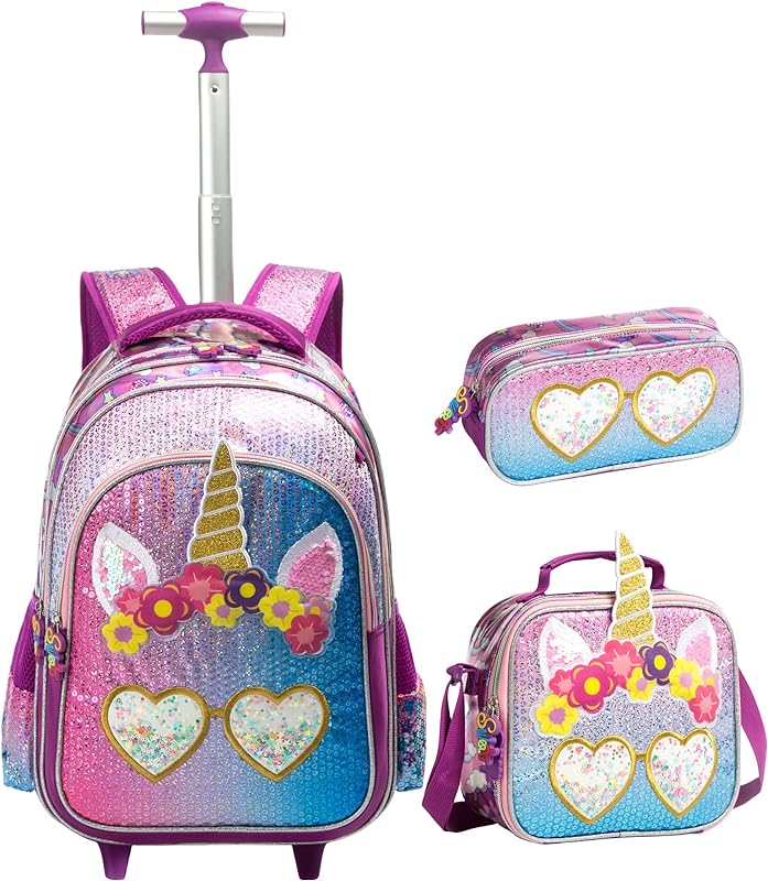 Mochila de Rodinhas Infantis CUTBLAJAT – Kit com Bolsa Feminina, Lancheira e Estojinho – Estampa Princesas e Unicórnios em Tecido Roxo com Detalhes em Diamante