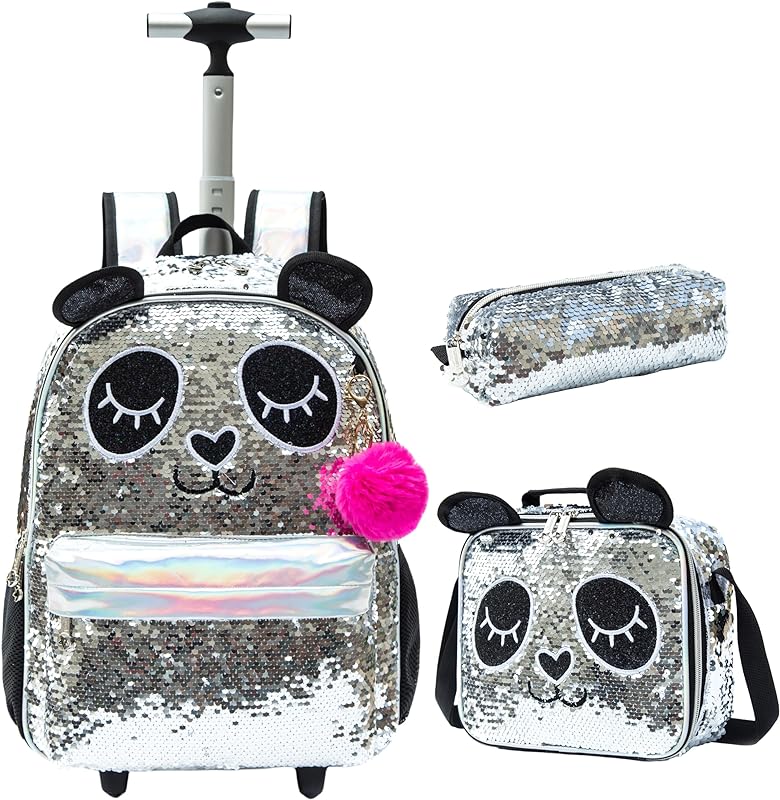 CUTBLAJAT Mochilas de Rodinhas Infantis lantejoulas prateadas – Kit com Lancheira e Estojo – Estilo Princesa Panda (lantejoulas prateadas)