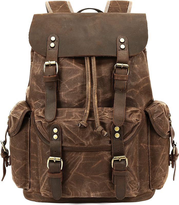 HuaChen Mochila de couro para homens, mochila de ombro encerada de lona para viagem, laptop, escola