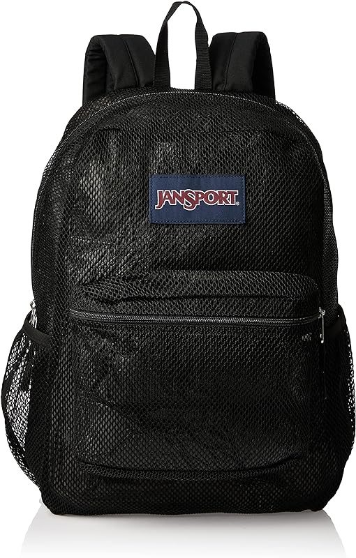 JanSport Mochila de malha ecológica preta, 43 cm x 31,7 cm x 15 cm – bolsa semitransparente para adultos com capa para laptop, painel traseiro acolchoado – Mochila grande