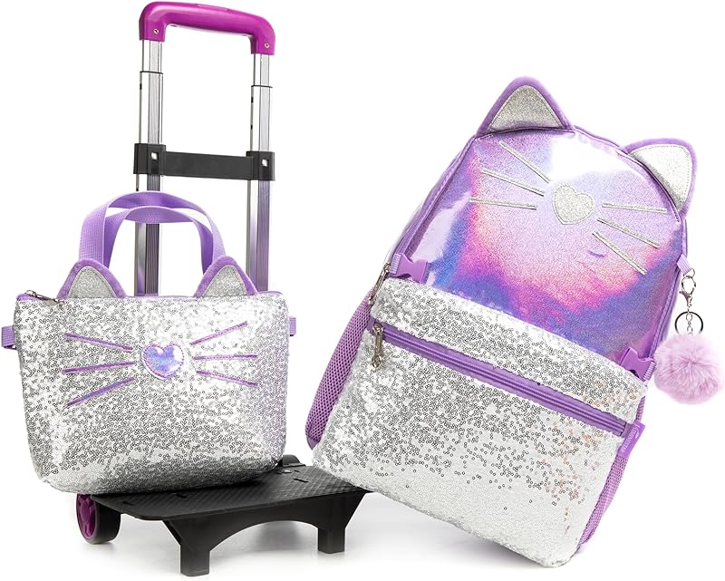 Mochilas de Rodinhas Infantis CUTBLAJAT – Kit com Lancheira e Estojo – Estilo Princesa com Carrinho de Rodinhas – Estilo de gato com padrão de coração de cor clara prateada e roxa