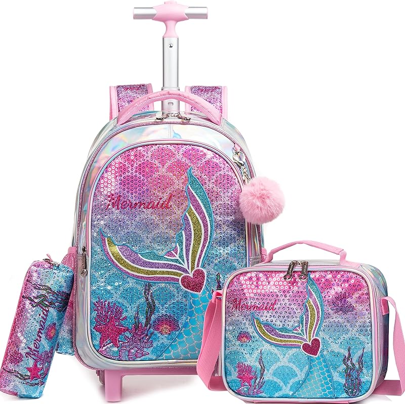 Meninas mochila rolando com rodas para crianças do ensino fundamental mochila escolar para meninas (Sereia, rosa, amor)